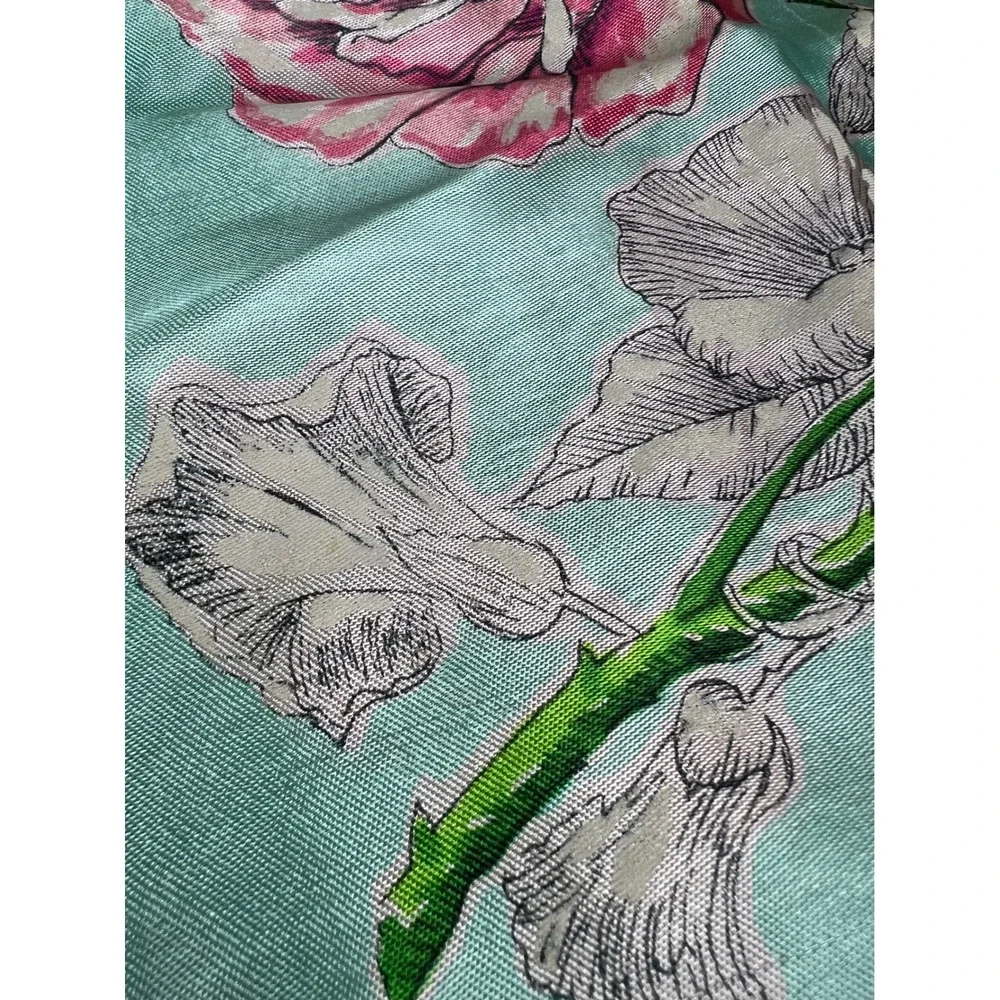Vintage Brico Rayon Square Scarf Aqua Blue Pink Yellow Floral Rose Print 31x34